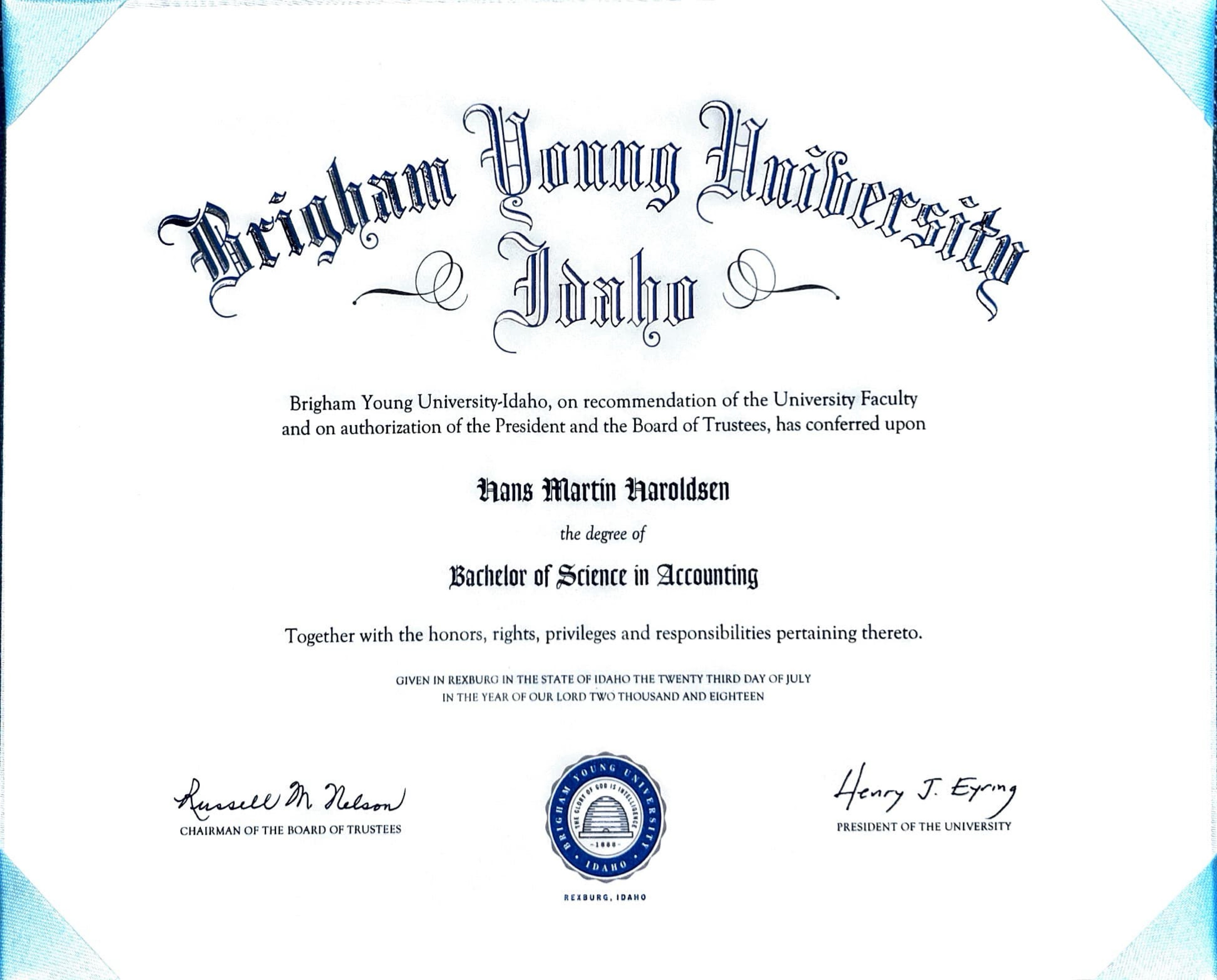 BS Accounting diploma, BYU-Idaho