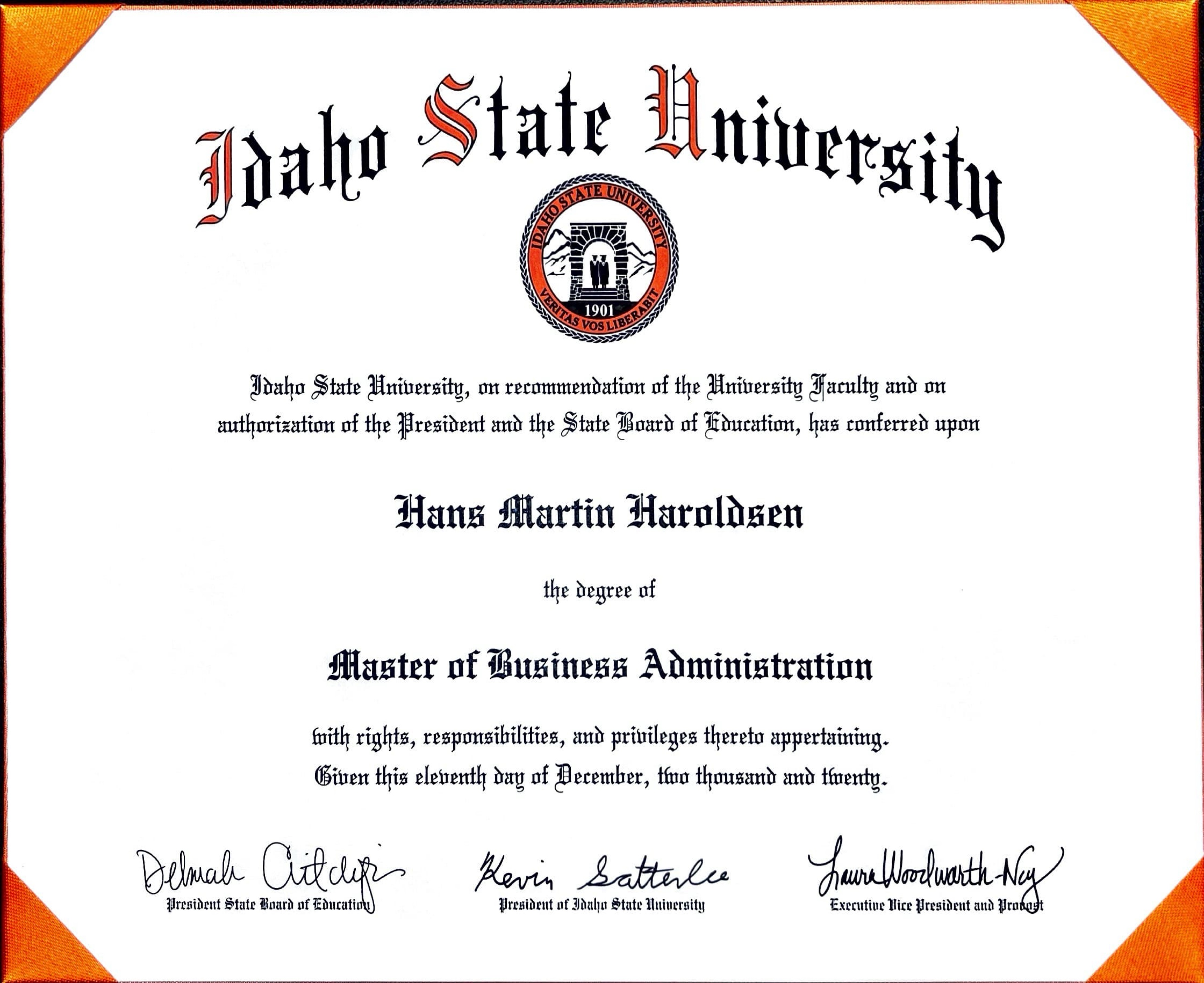 MBA diploma, Idaho State University
