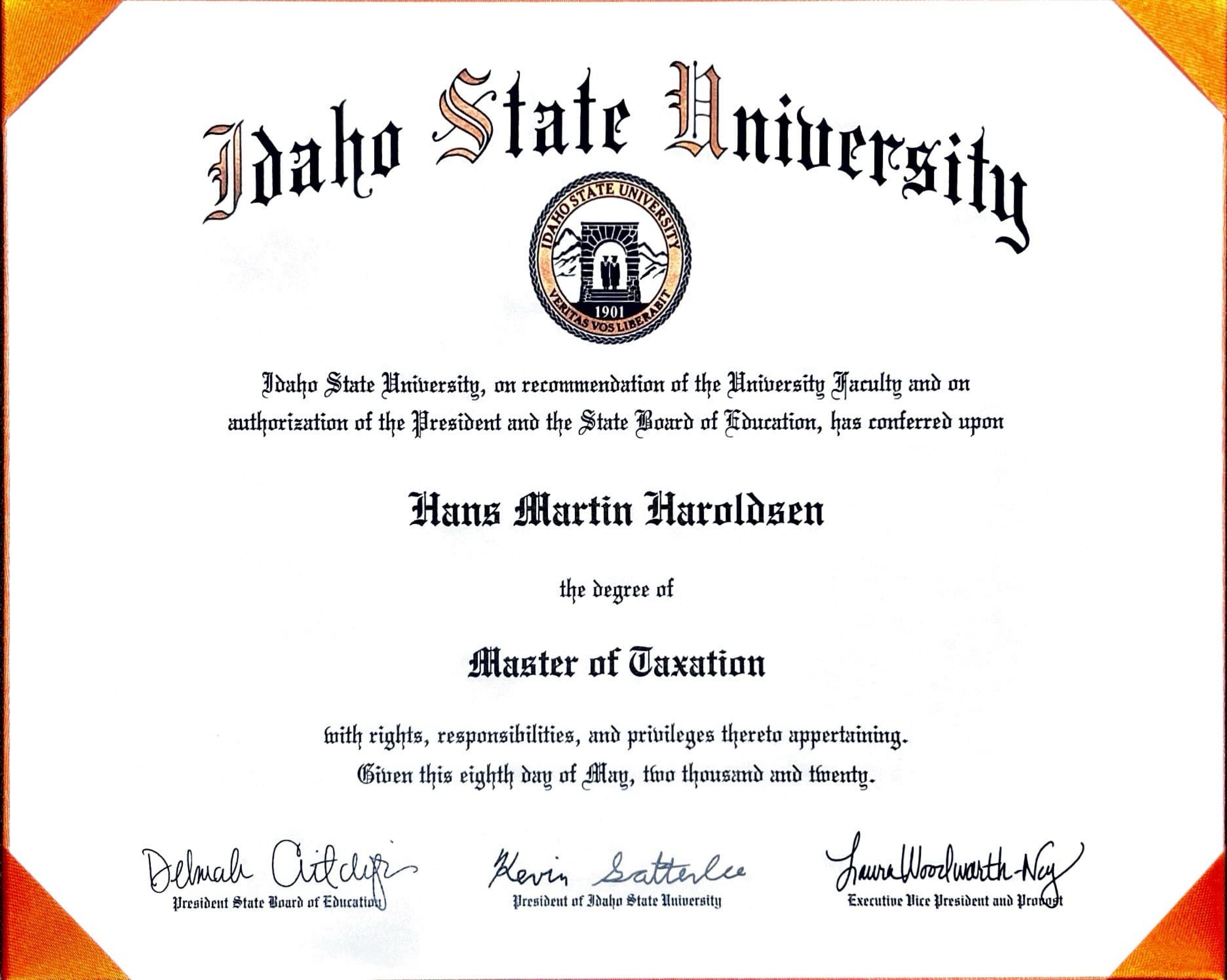 Master of Taxation diploma, Idaho State University
